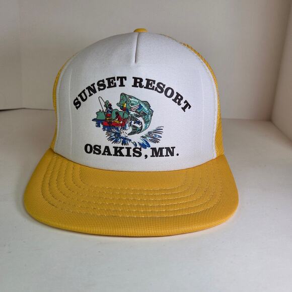 Vintage 80s Sunset Resort Osakis MN Trucker Hat Yellow White Foam Snapback - Picture 1 of 10